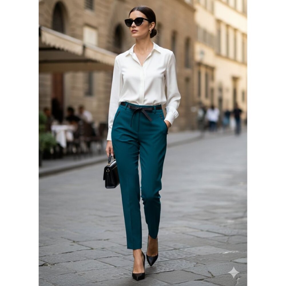 Zara Basic Teal Ankle Trousers with Ribbon Tie & Zip Detail – Size XS